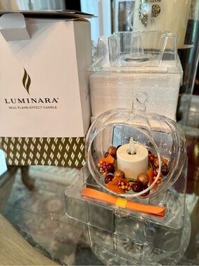 Luminara Real Flame-Effect Candle in Clear Glass Pumpkin with Autumn Accents